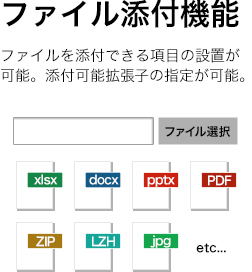 ファイル添付機能：ファイルを添付できる項目の設置が可能。添付可能拡張子の指定が可能。