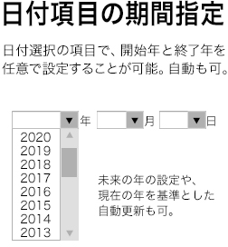 日付項目の期間指定：日付選択の項目で、開始年と終了年を任意で設定することが可能。自動も可。